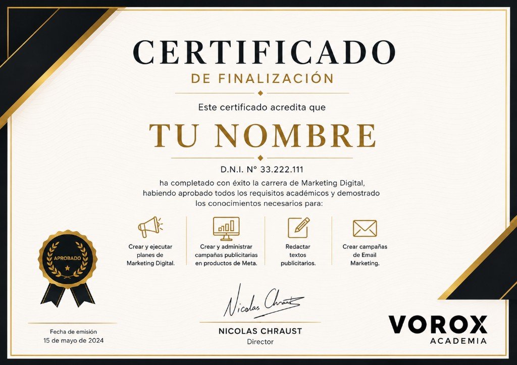 Ejemplo de certificado VOROX Academia — Marketing Digital